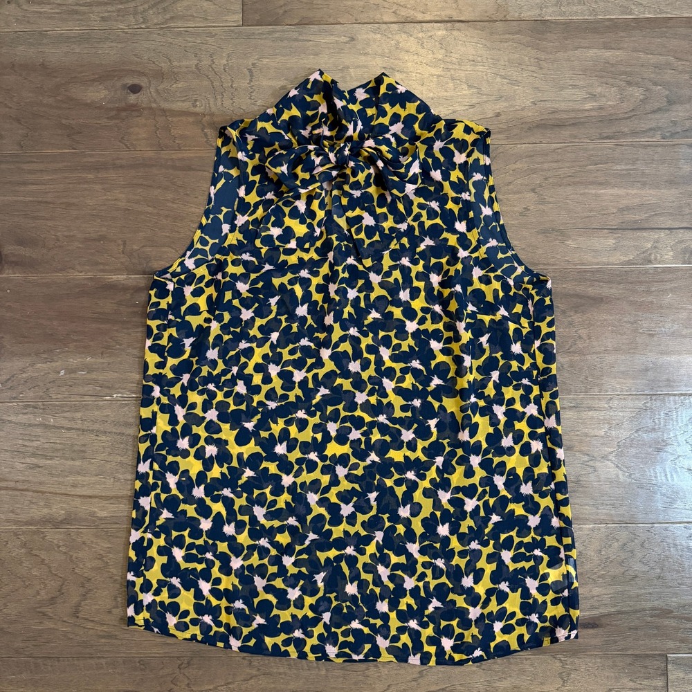 Cabi Womens Floral Sleeveless Tie Neck Blouse Navy Yellow Pink Style 3790 Size M